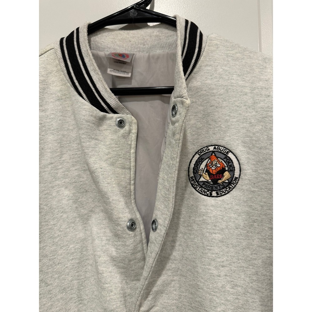 Vintage Fruit of the Loom D.A.R.E. Varsity Jacket Mens XL Grey Black Supercotton - Picture 9 of 11